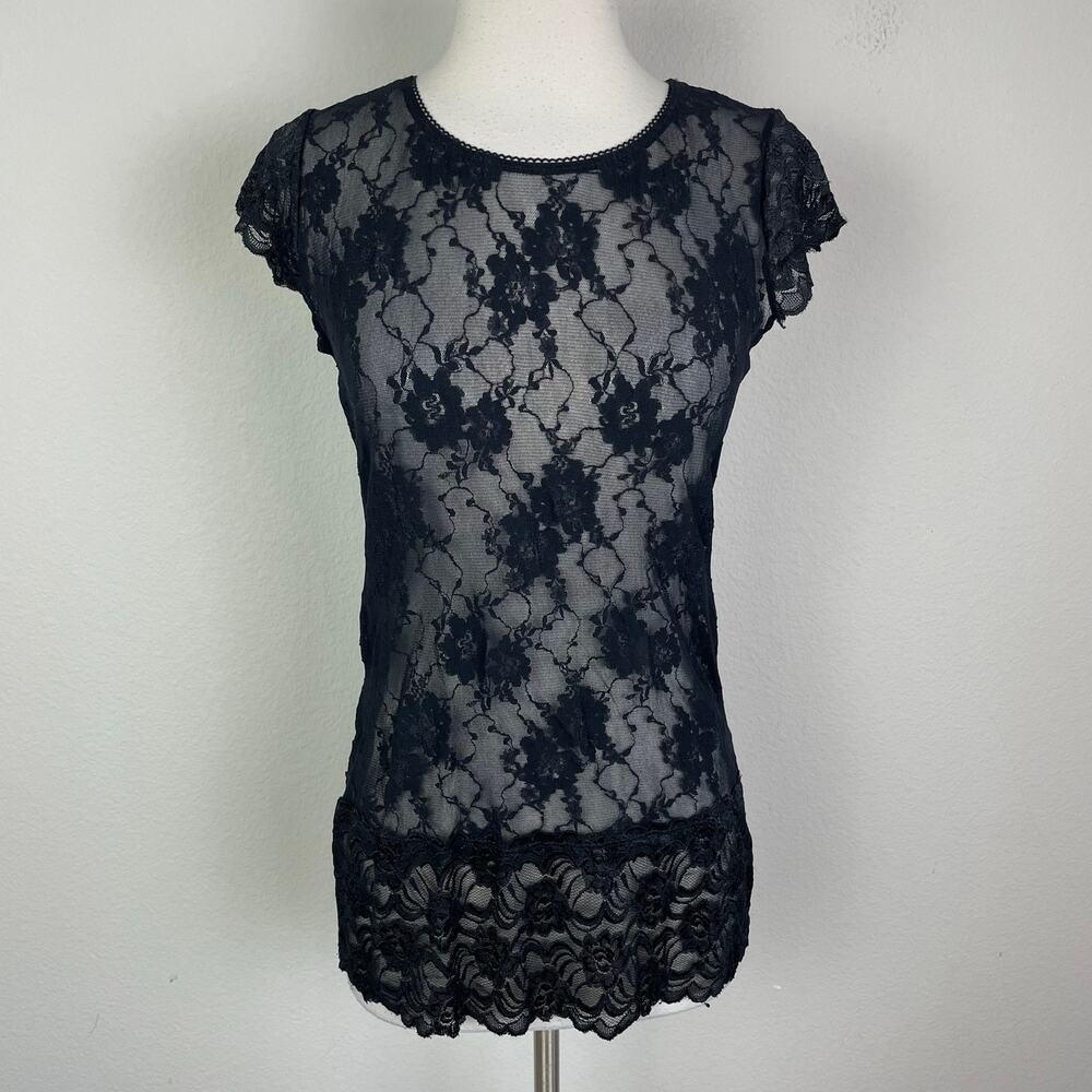 Vintage Black Lace Layers Short Sleeve Whimsigoth Top Large - Picture 2 of 7